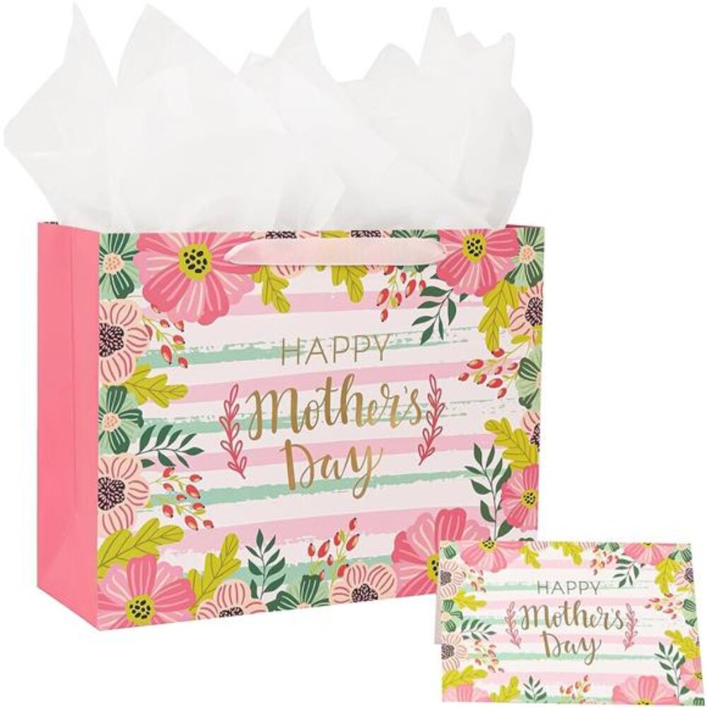 Pink Large Mother's Day Gift Bag with Card and Tissue Paper for Mom Grandma Bags